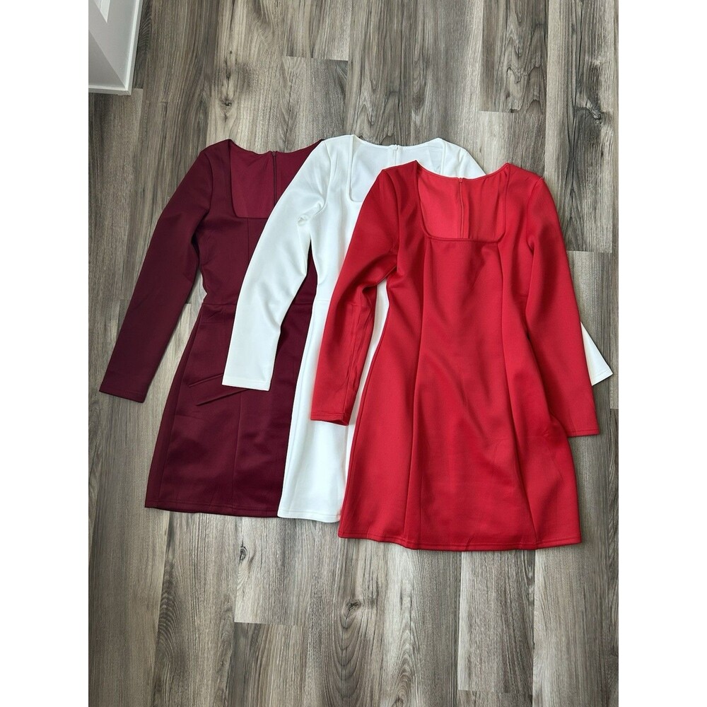 Lot of 3 NWOT Womens Long Sleeve Square Neck Mini Dress White Red Burgundy S Y2K